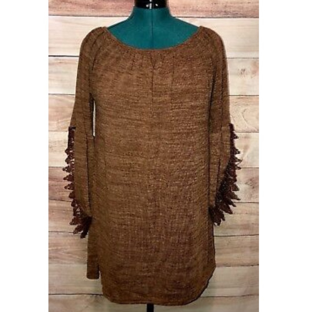 Win Win Heather Brown Tunic Open Sleeve Lace S-M